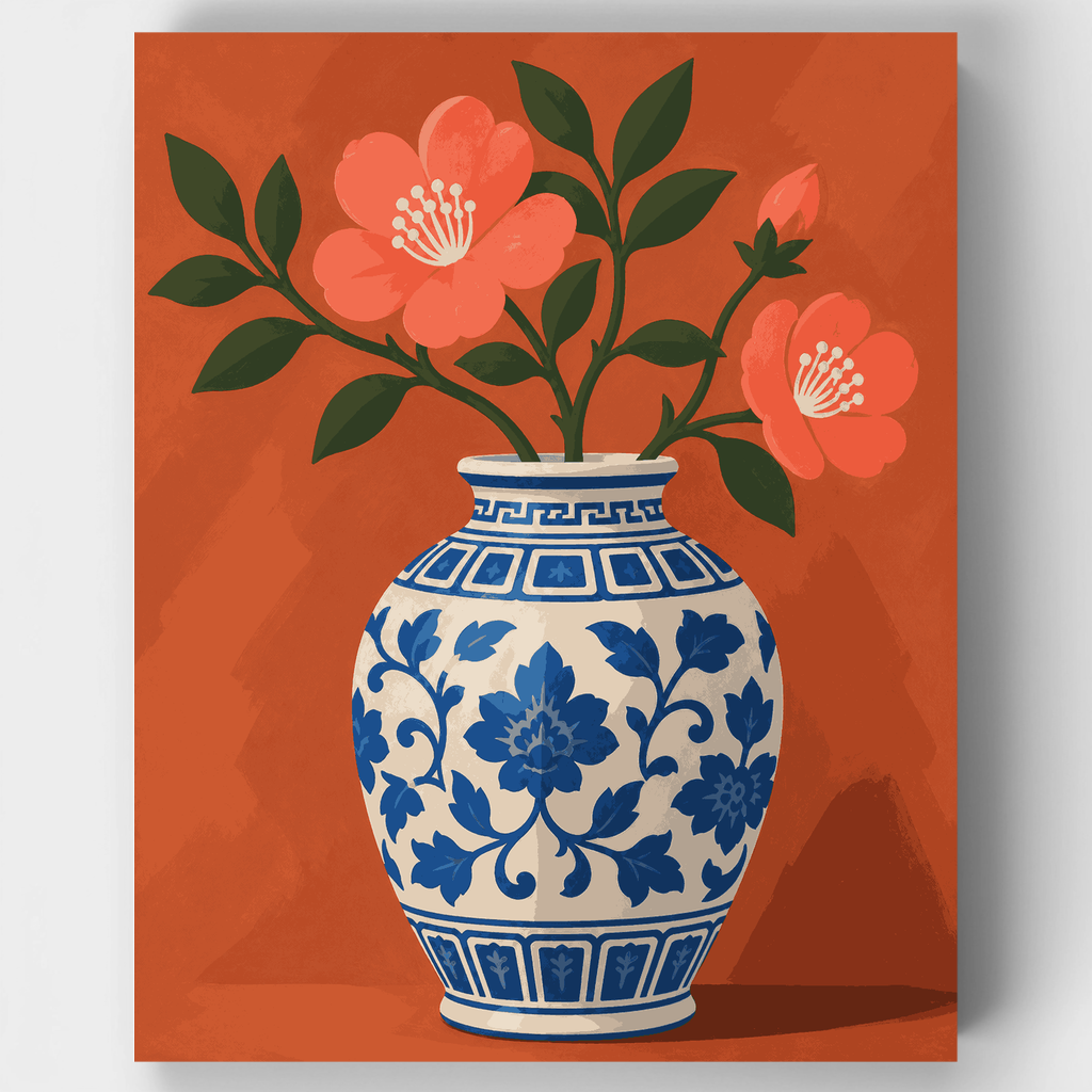 Coral Blossoms in Blue Jar - Paint by Numbers Kit