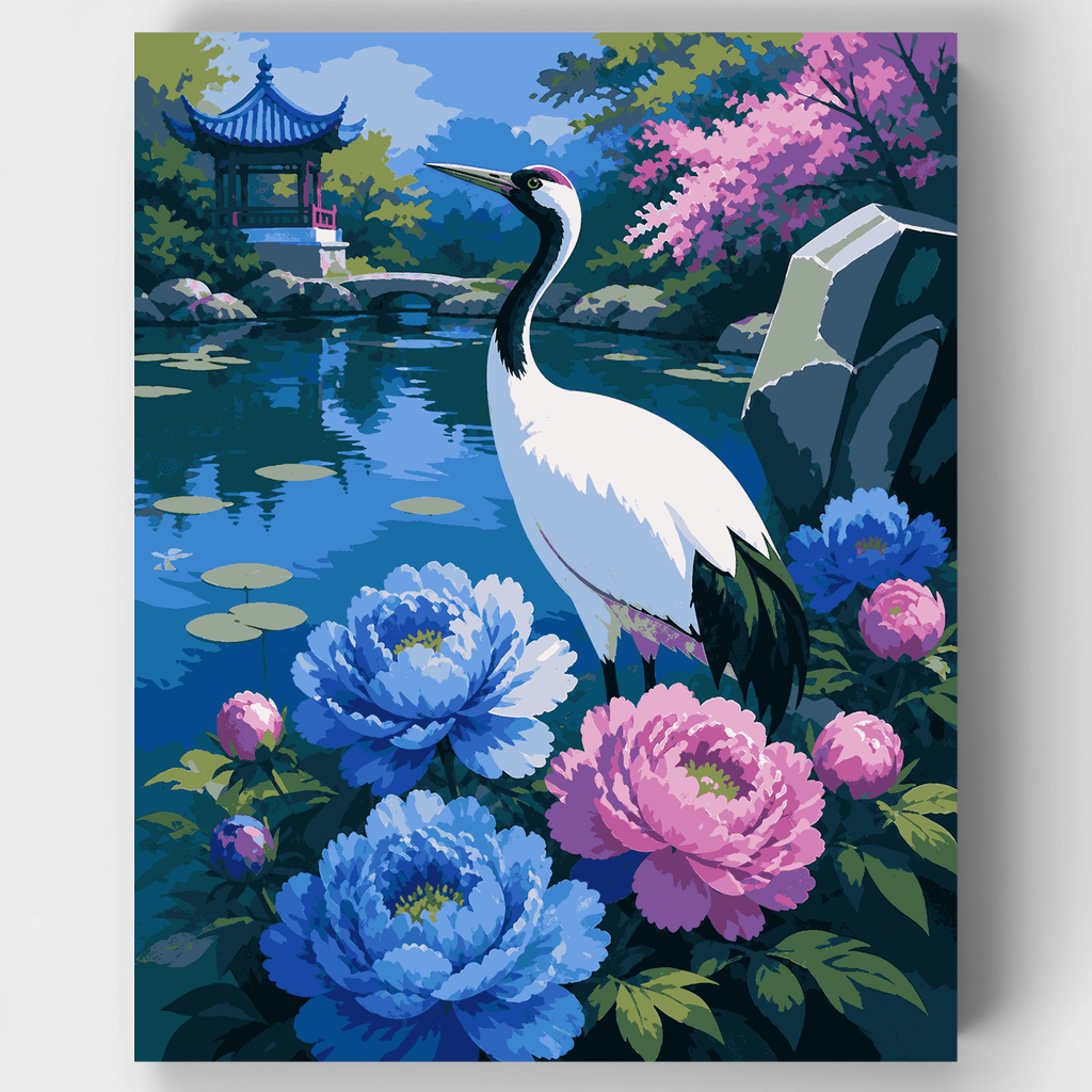 Grulla entre peonías azules - Kit de pintura por números — Estándar