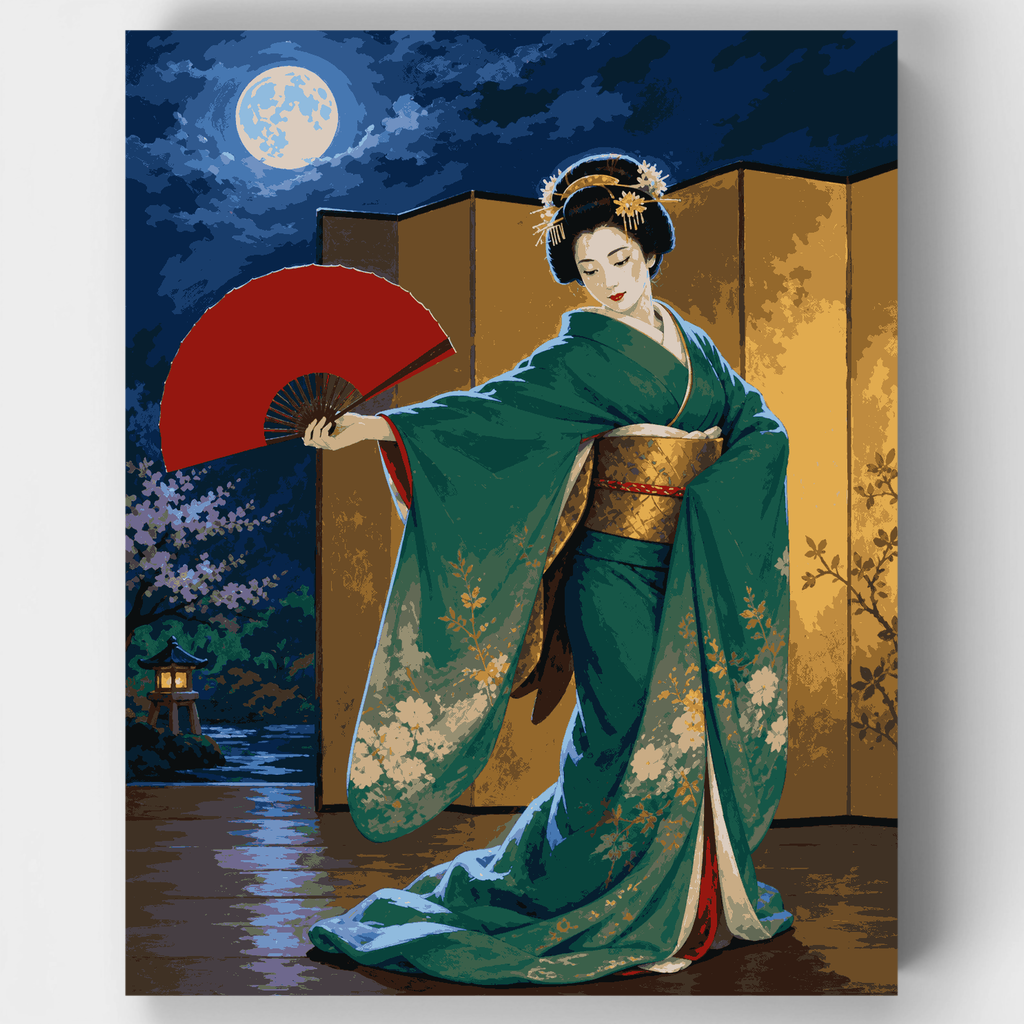 Kit de pintura por números - Geisha con abanico carmesí — Estándar