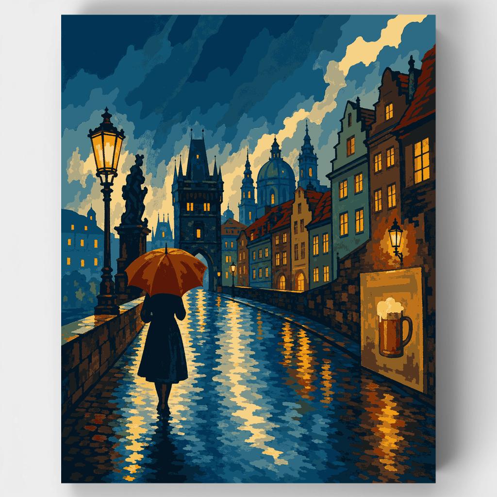 Crimson Umbrella in Prague - Paint by Numbers Kit