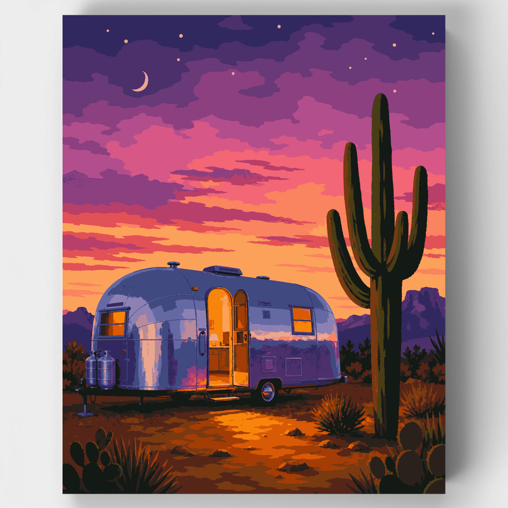 Kit de pintura por números: Atardecer en Airstream en el desierto — Estándar