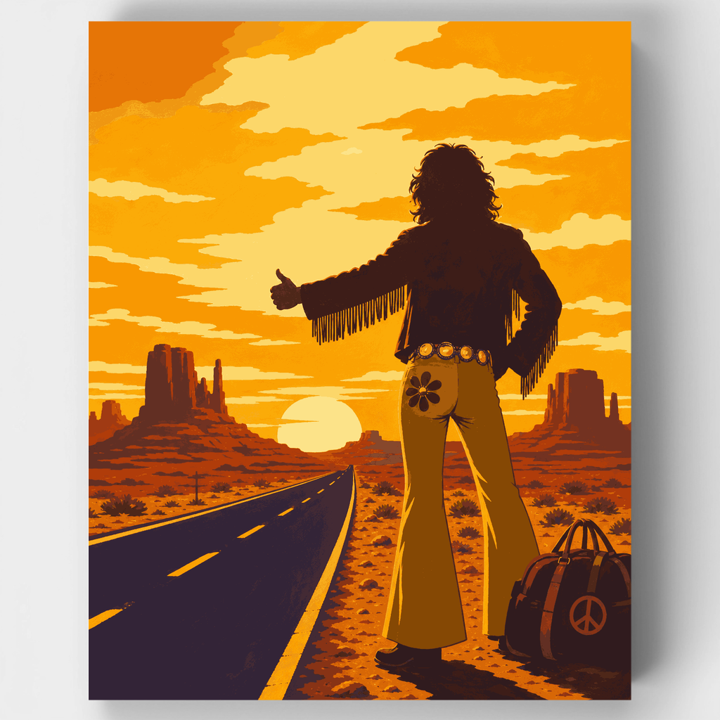 Kit de pintura por números: Atardecer con autoestopista en el desierto — Estándar