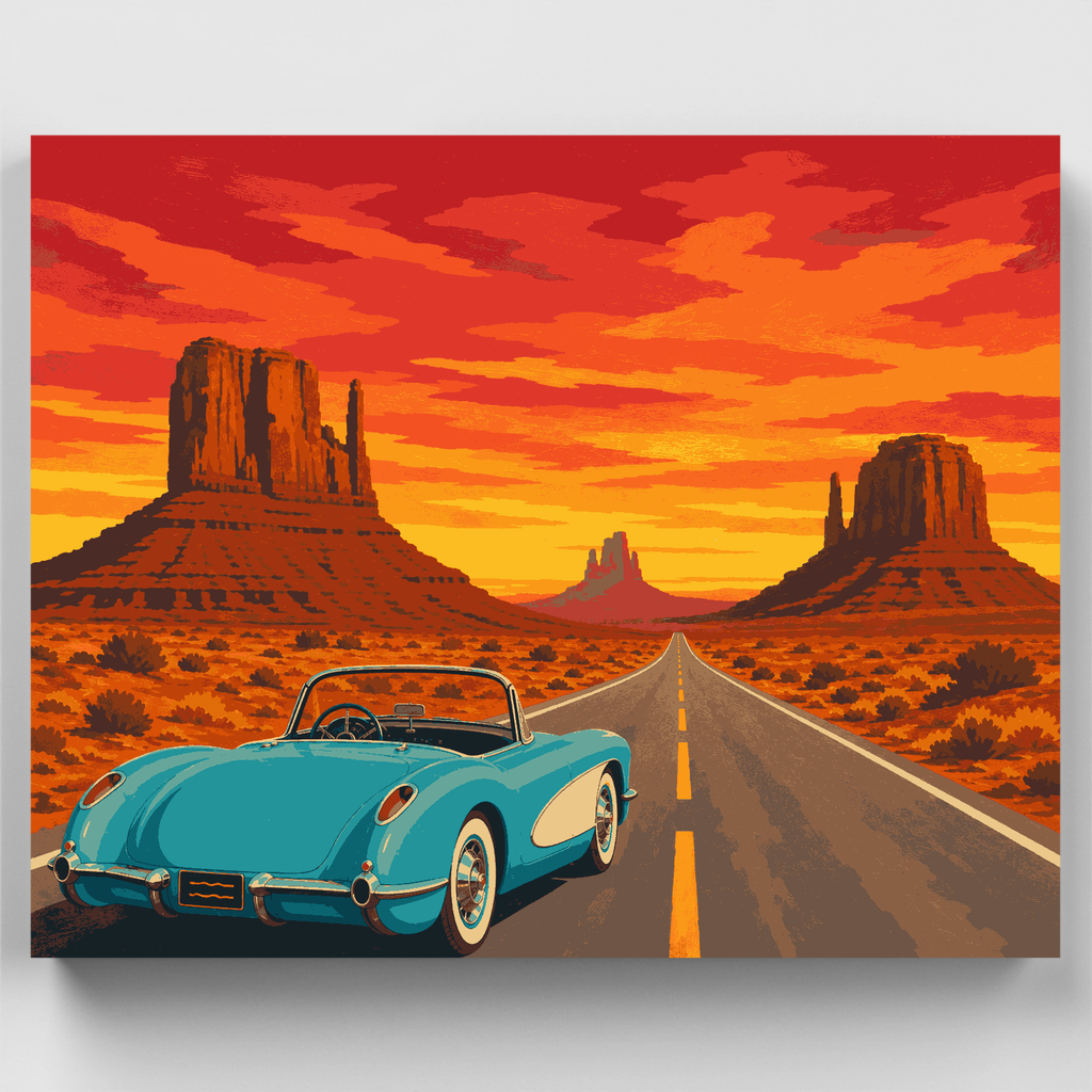 Kit de pintura por números: Atardecer con un Corvette clásico en una carretera del desierto — Estándar