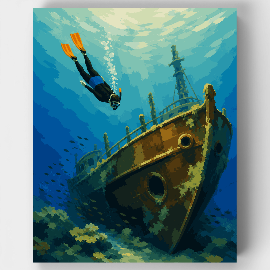 Diver and the Sunken Wreck - Paint by Numbers Kit