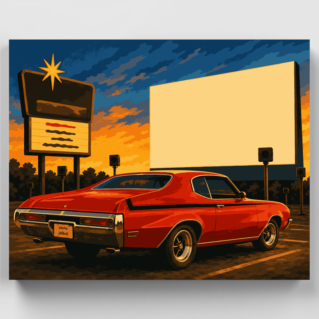 Kit de pintura por números - Atardecer con auto deportivo en el autocine — Estándar