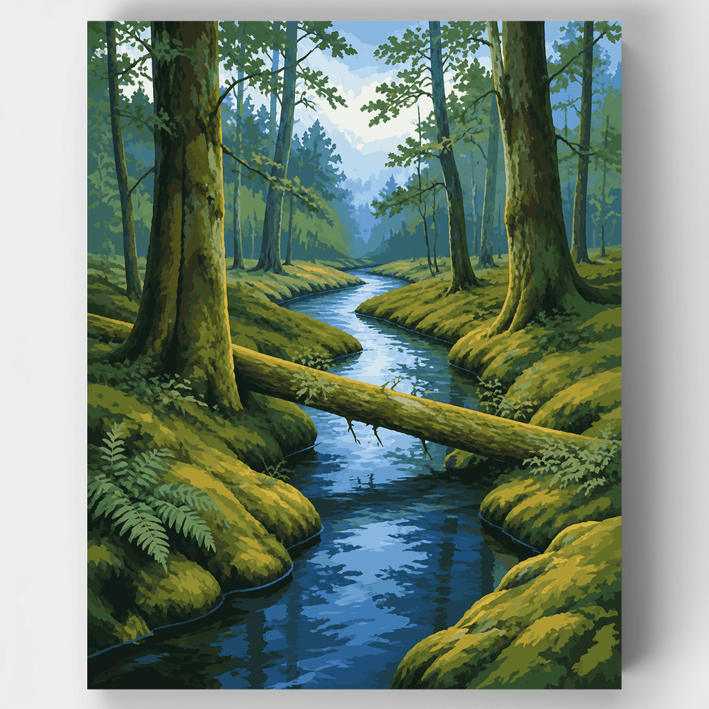 Arroyo en el bosque con tronco caído - Kit de pintura por números — Estándar