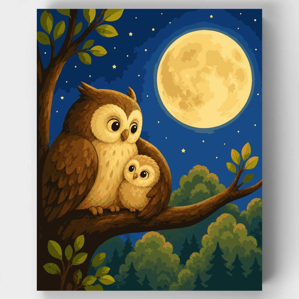 Kit de pintura por números: Padre y búho bebé bajo la luz de la luna — Estándar