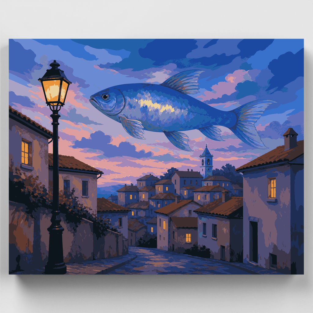 Peces sobre el pueblo - Kit de pintura por números — Estándar