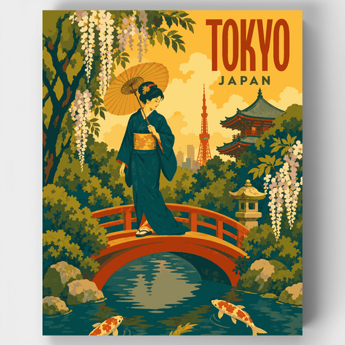 Geisha on Red Bridge - Paint by Numbers Kit