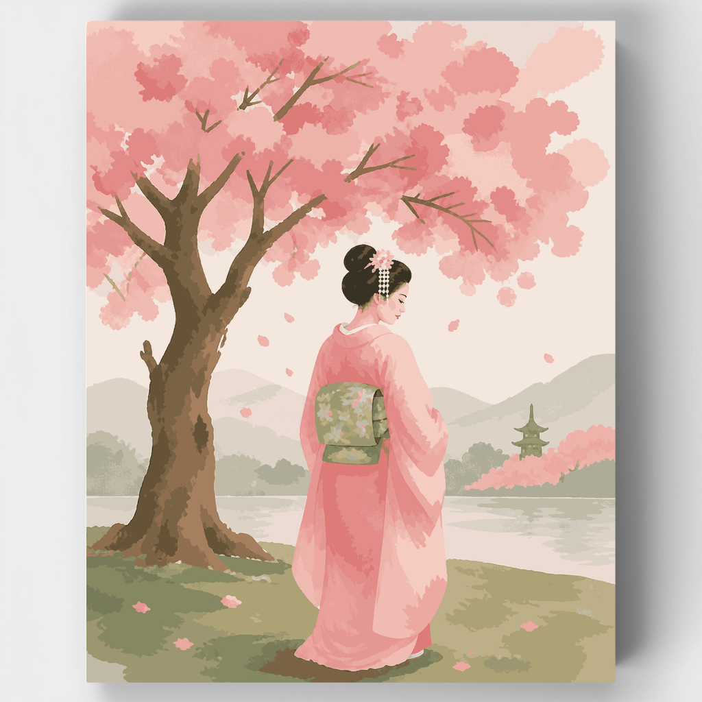 Geisha bajo los cerezos en flor - Kit de pintura por números — Estándar
