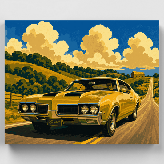 Golden Muscle Car on Open Road - Paint by Numbers Kit