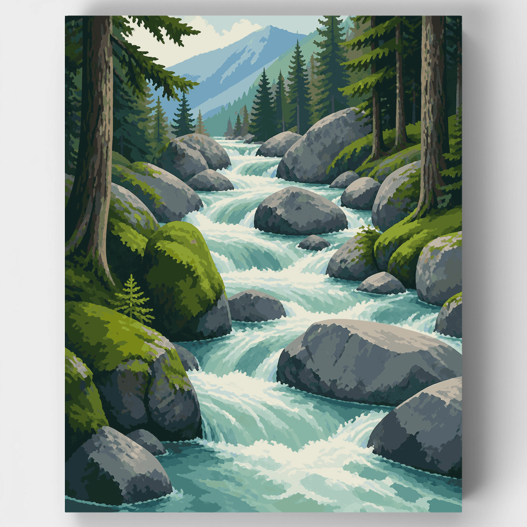 Kit de pintura por números: Arroyo en el bosque de Granite Cascade — Estándar