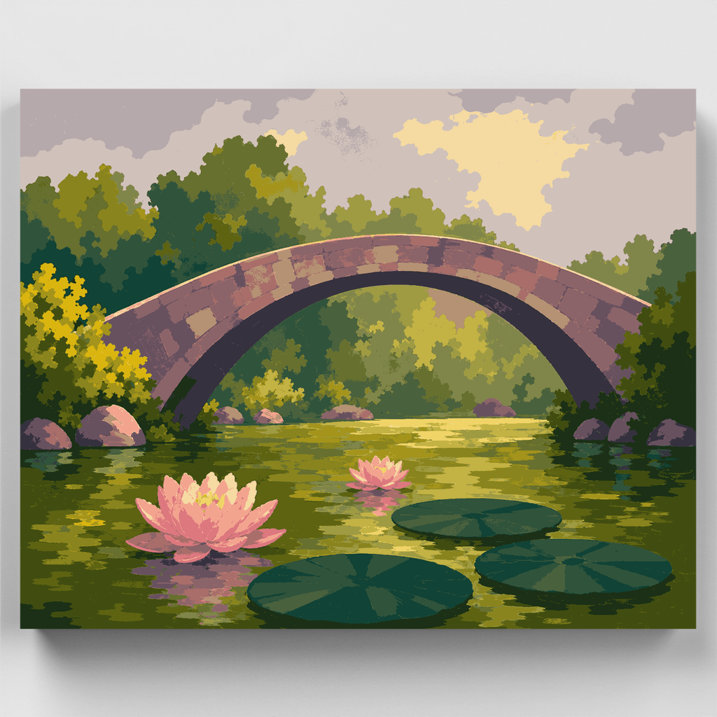 Kit de pintura por números: Puente de piedra impresionista con nenúfares — Estándar