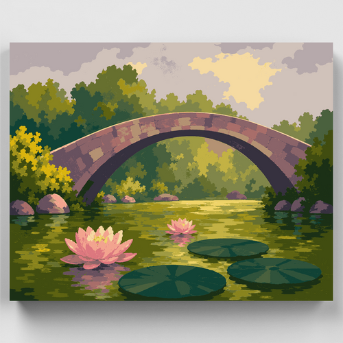 Impressionist Stone Bridge with Water Lilies - Paint by Numbers Kit