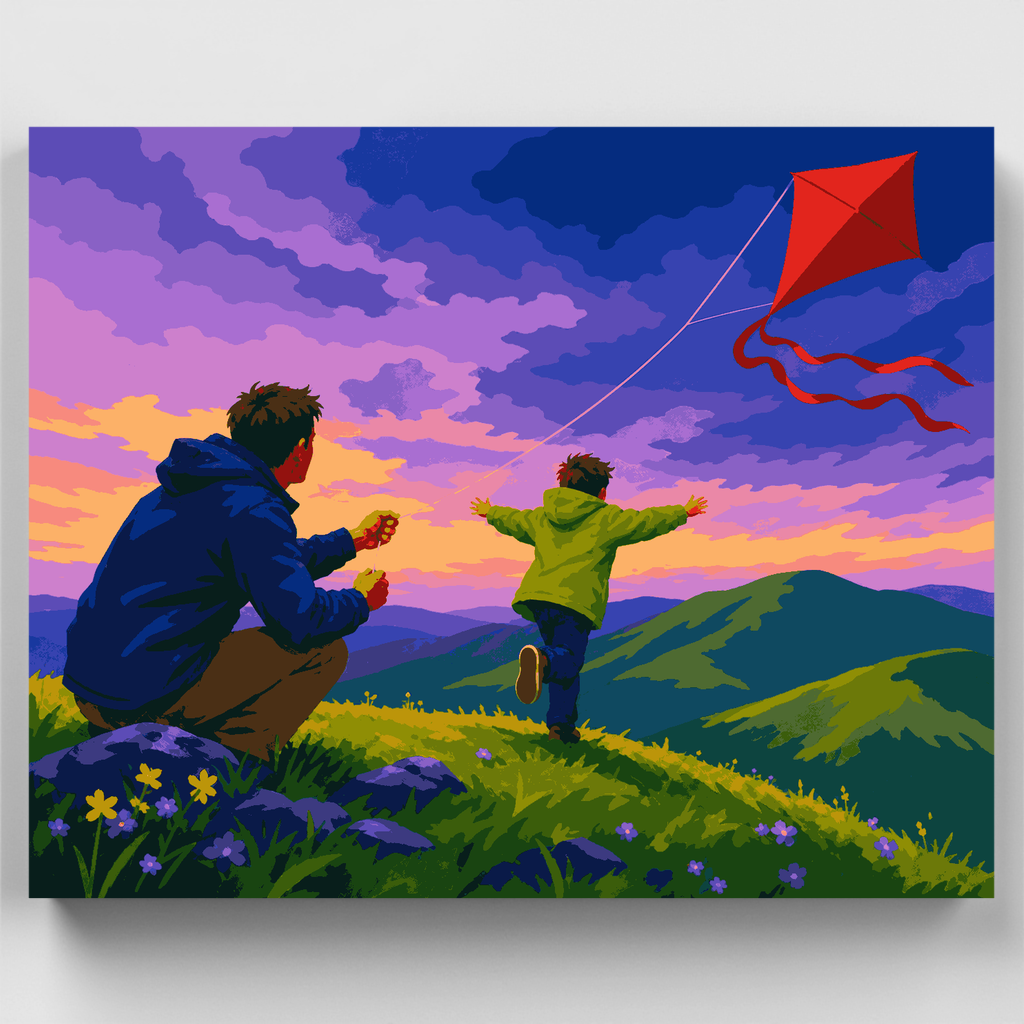 Volando una cometa al atardecer con papá - Kit de pintura por números — Estándar