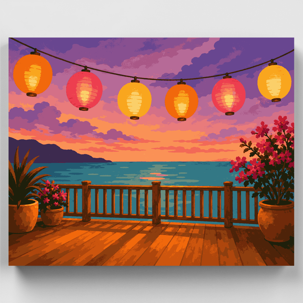 Kit de pintura por números - Atardecer en la terraza con farol — Estándar