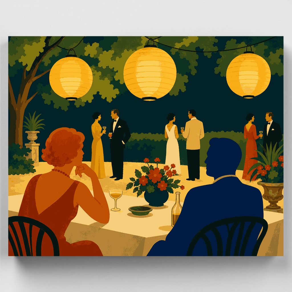 Fiesta en el jardín iluminada con farolillos: kit de pintura por números — Estándar