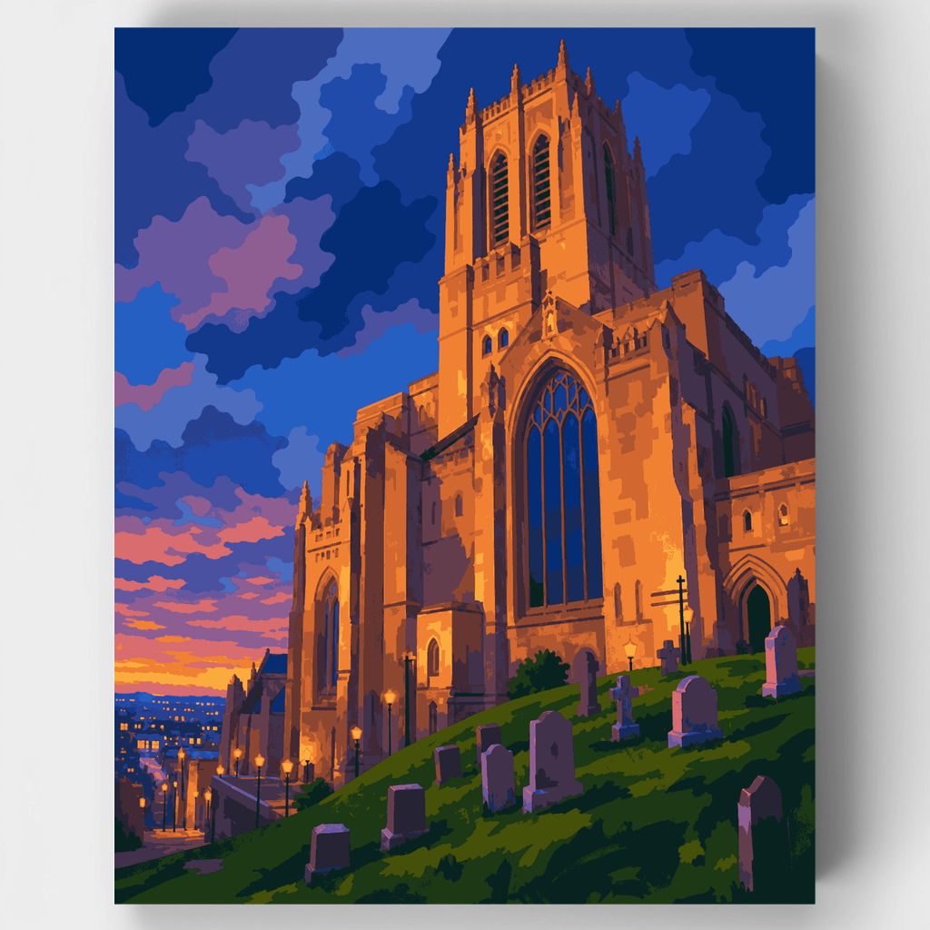 Kit de pintura por números: Atardecer en la Catedral de Liverpool — Estándar