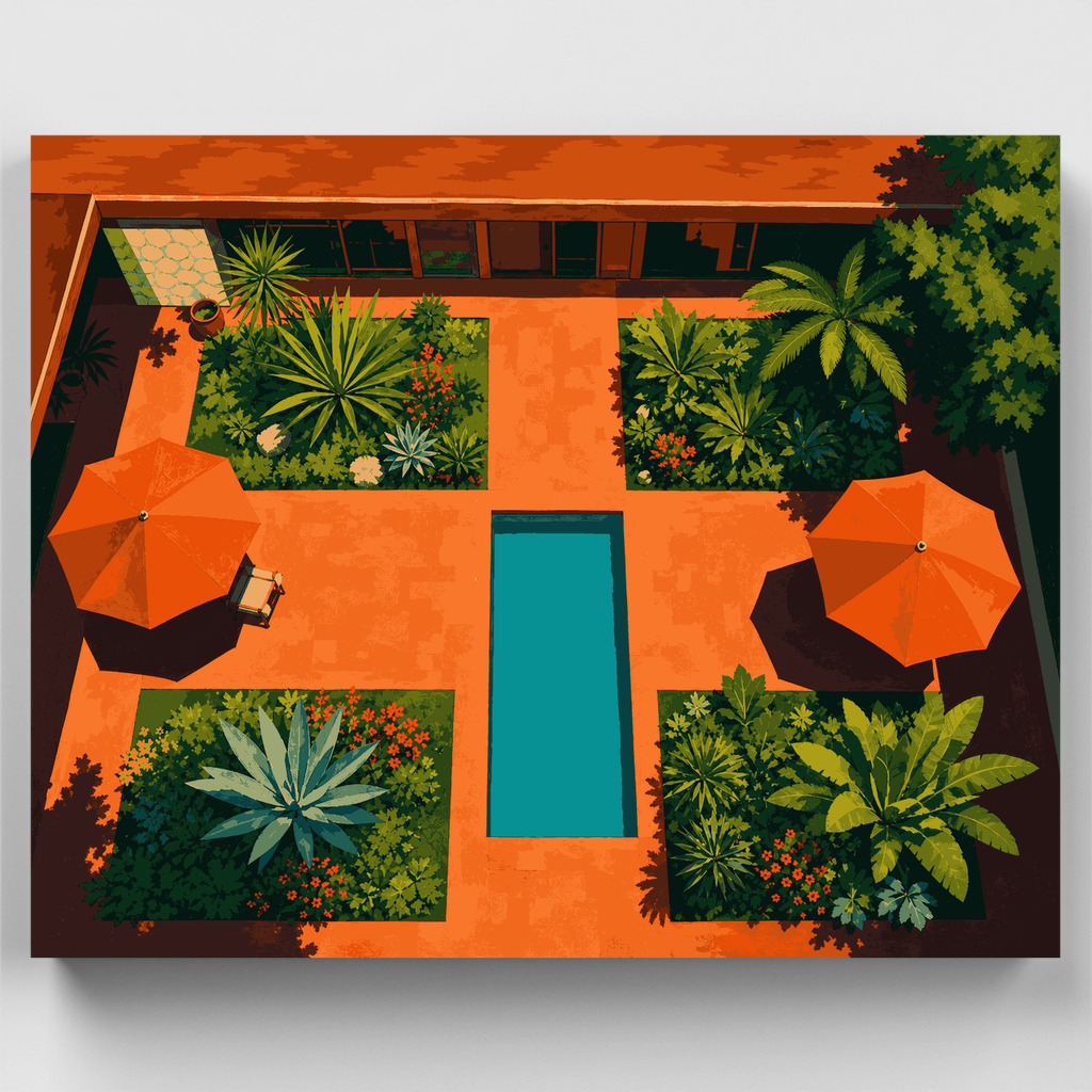 Oasis en el patio de estilo moderno de mediados de siglo: Kit de pintura por números — Estándar