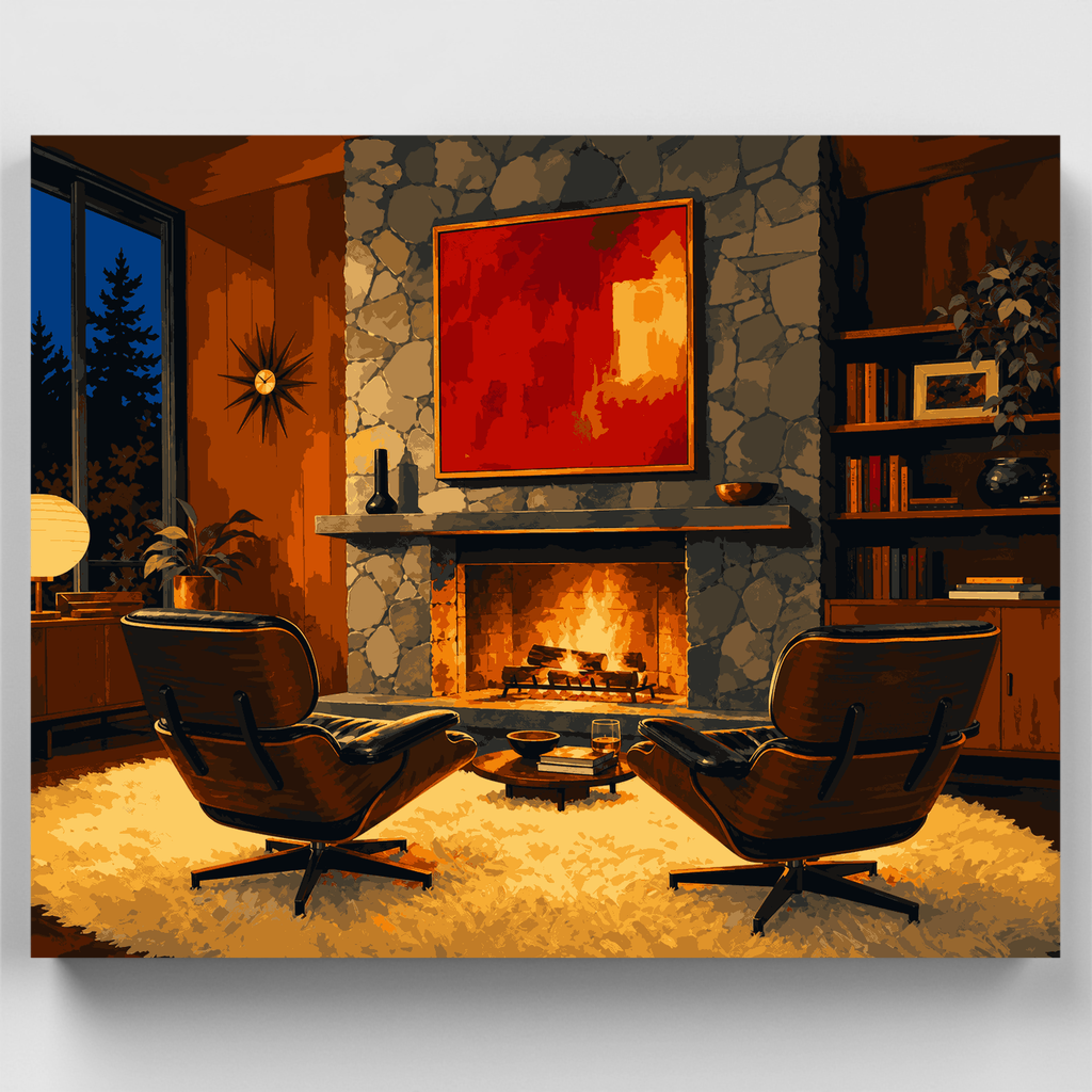Kit de pintura por números - Salón moderno de mediados de siglo junto a la chimenea — Estándar