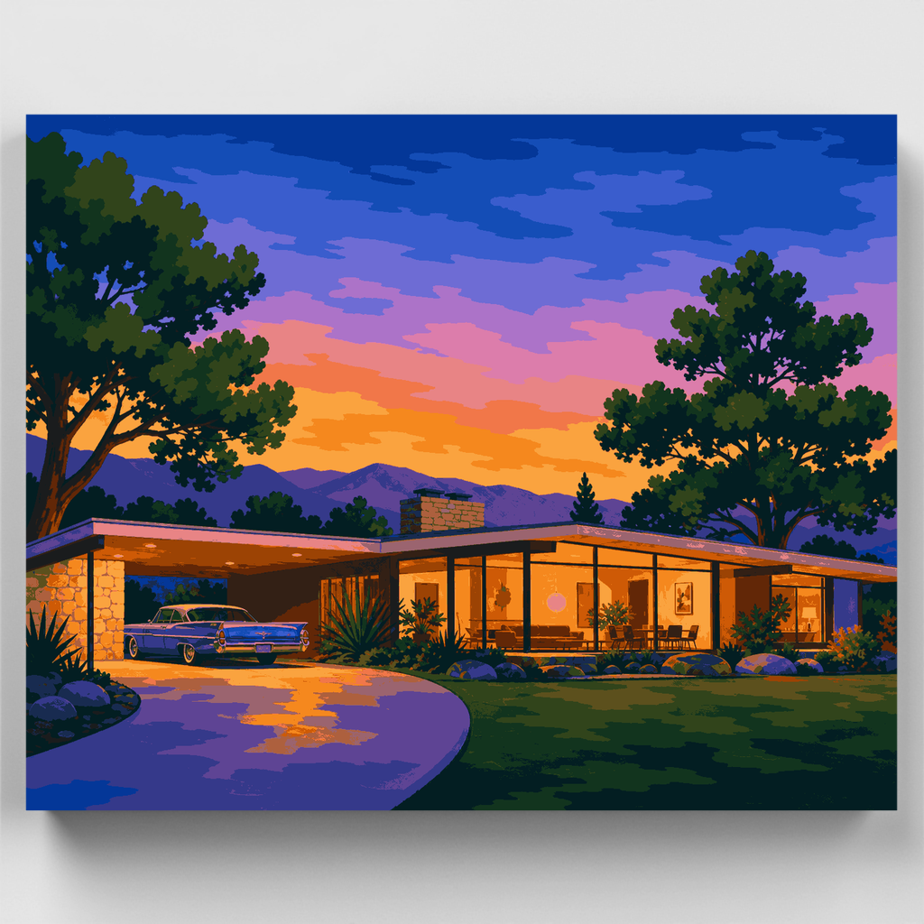 Kit de pintura por números - Hogar al atardecer de mediados de siglo — Estándar