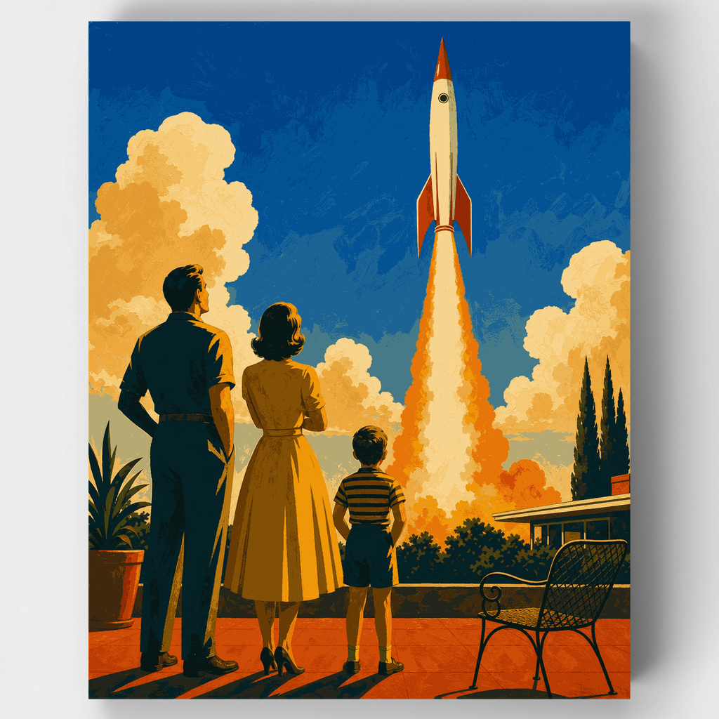 Kit de pintura por números: Familia en lanzamiento de cohete de mediados de siglo — Estándar