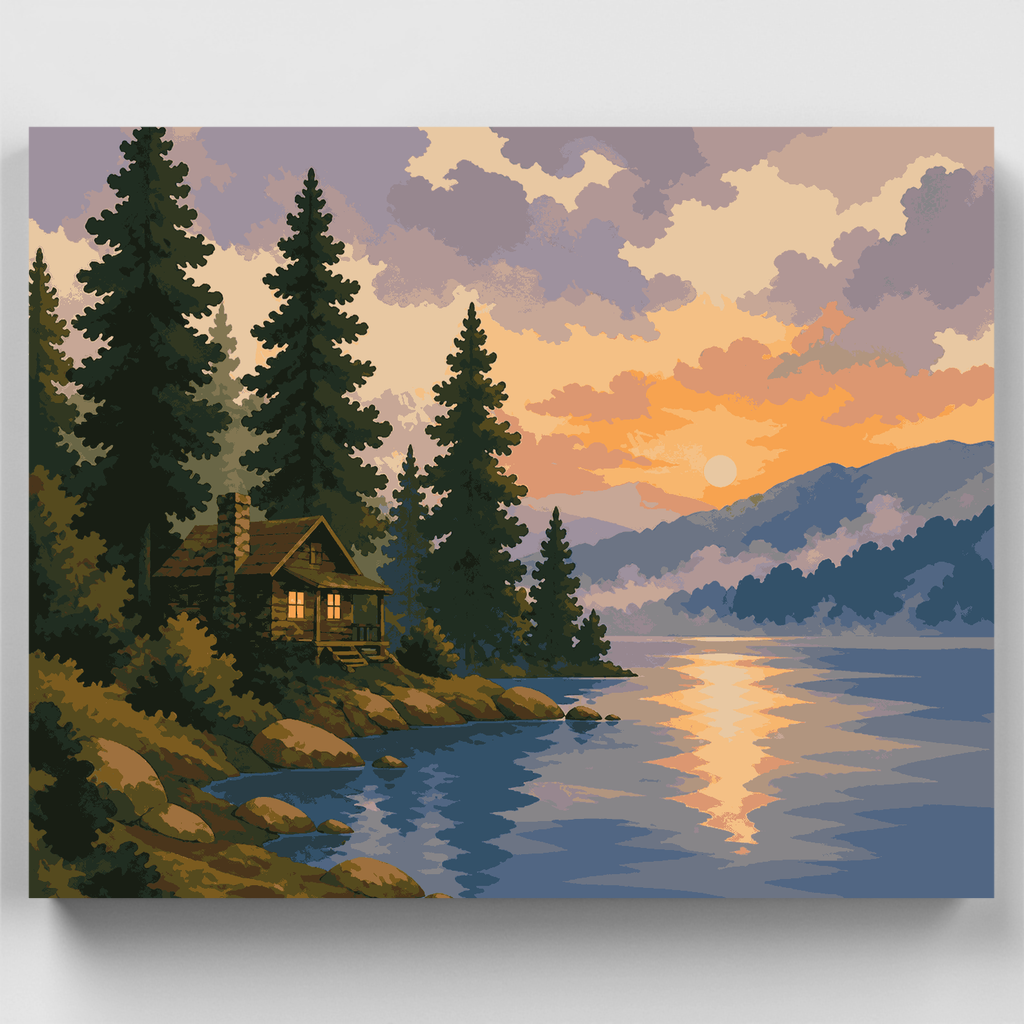 Cabaña en el amanecer brumoso - Kit de pintura por números — Estándar