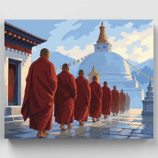 Monks at Dawn Stupa - Paint by Numbers Kit