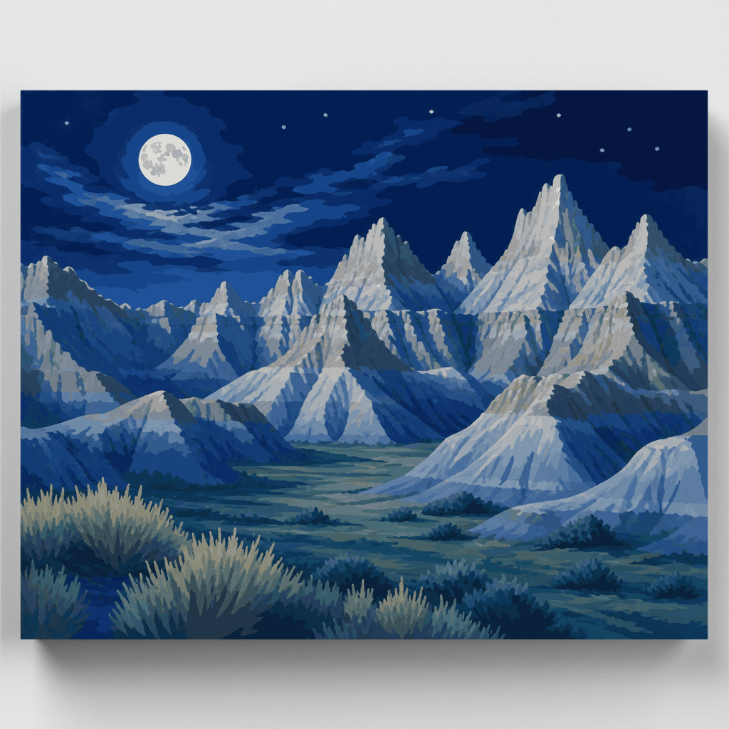 Kit de pintura por números: Agujas de las Tierras Baldías bajo la luz de la luna — Estándar
