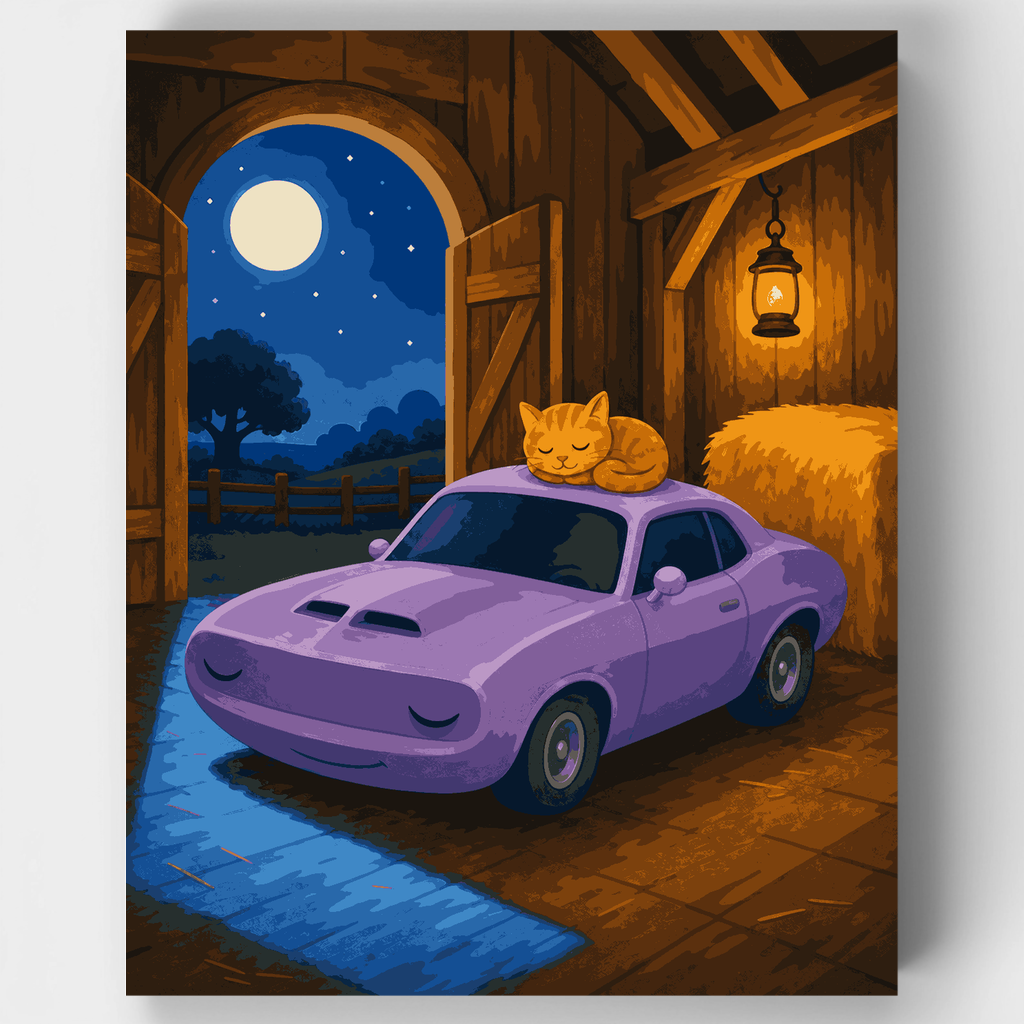 Kit de pintura por números: Coche clásico en granero a la luz de la luna — Estándar