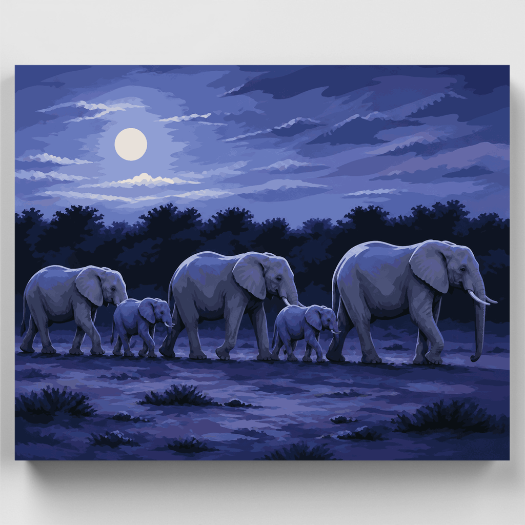 Kit de pintura por números: Manada de elefantes a la luz de la luna — Estándar