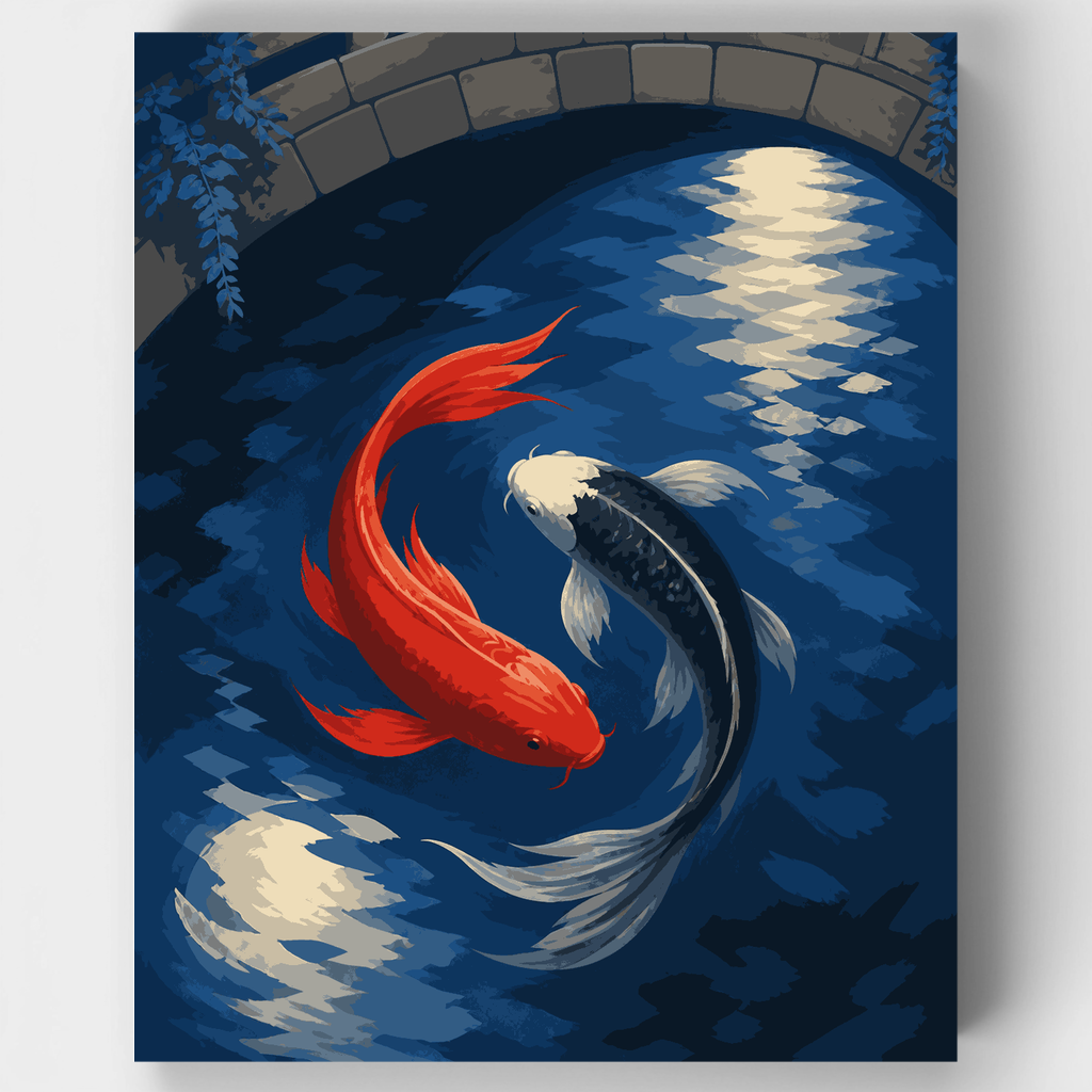 Kit de pintura por números: Espiral de carpas koi bajo la luz de la luna — Estándar