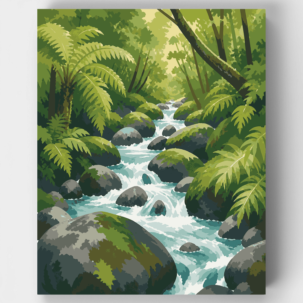 Arroyo en el bosque cubierto de musgo - Kit de pintura por números — Estándar