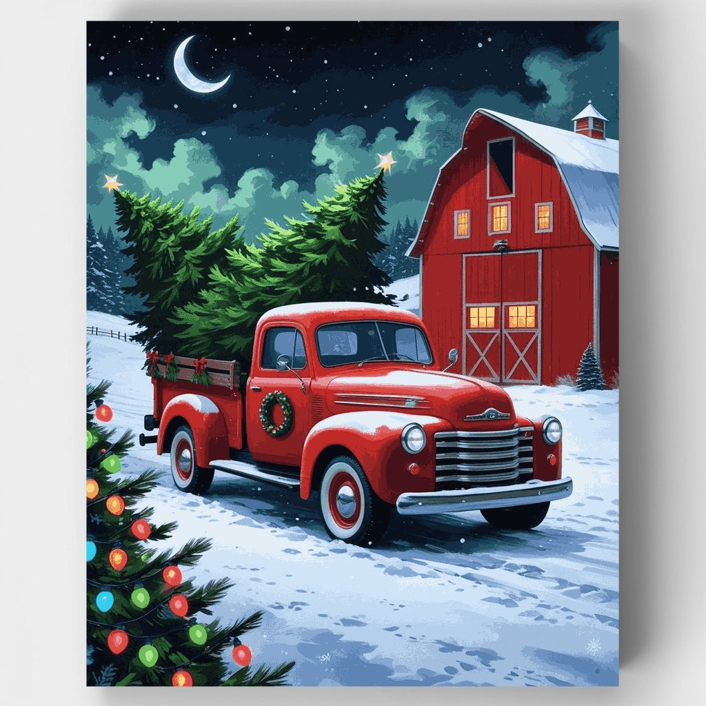 Kit de pintura por números: escena de granja navideña con camioneta roja vintage — Estándar