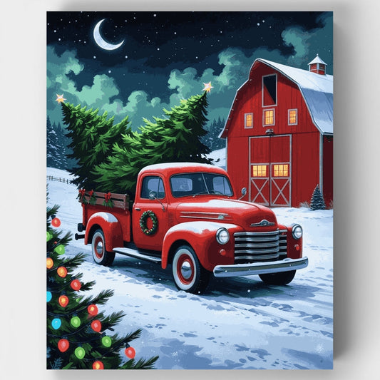 Vintage Red Truck Christmas Farm Scene - Paint by Numbers Kit