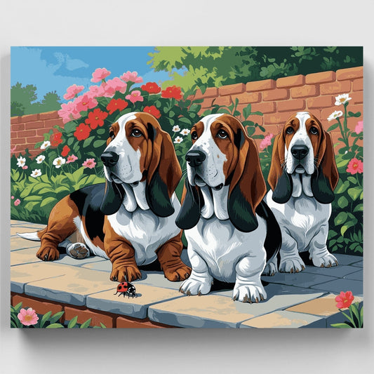 Three Basset Hounds in a Garden - Paint by Numbers Kit