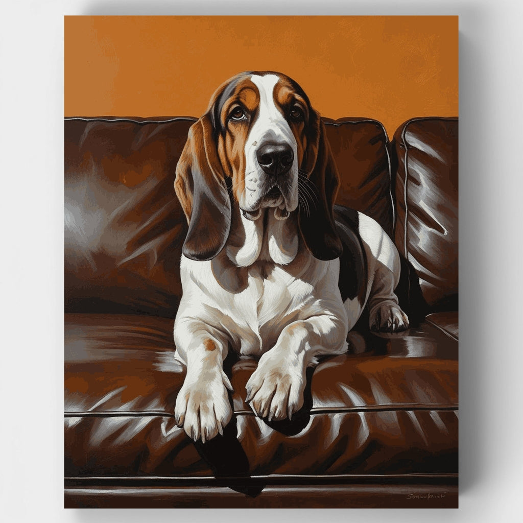 Basset Hound en sofá de cuero marrón - Kit de pintura por números — Estándar