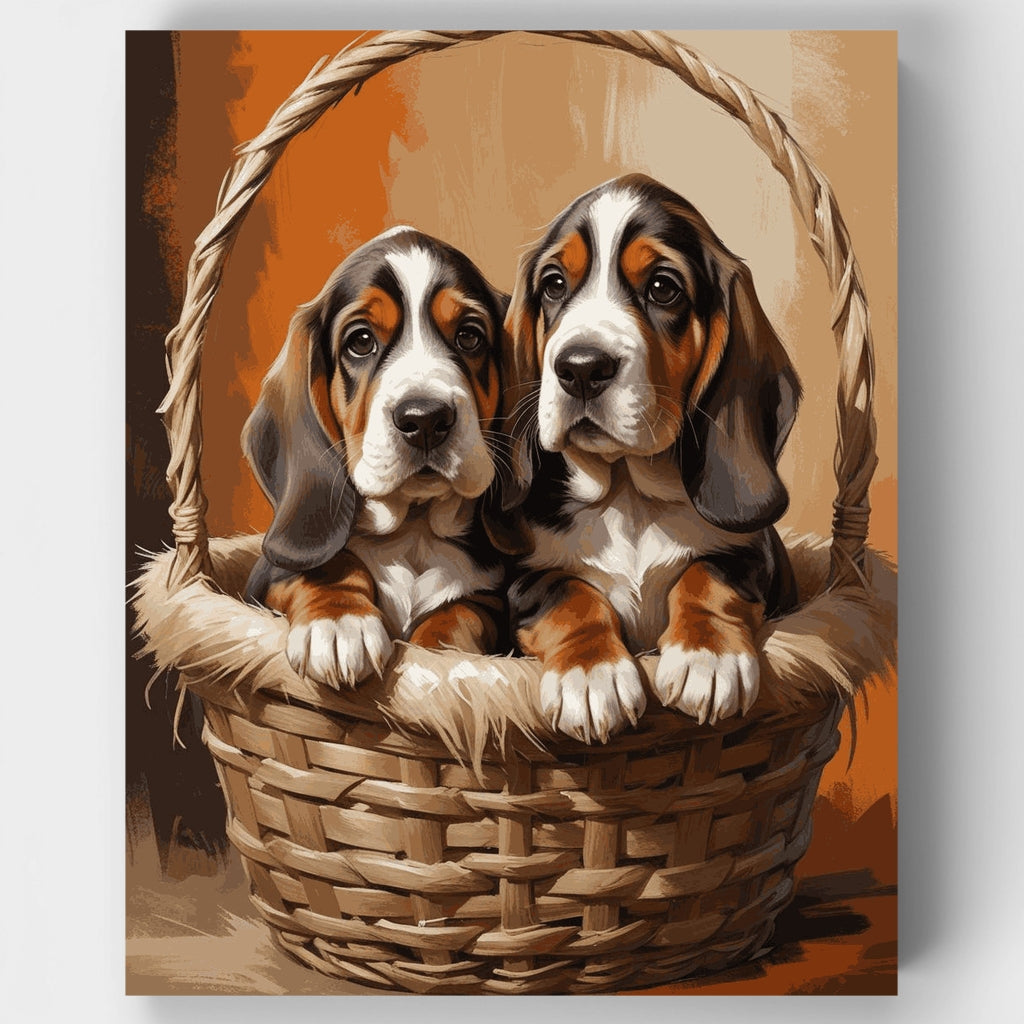 Cachorros de Basset Hound en una cesta - Kit de pintura por números — Estándar
