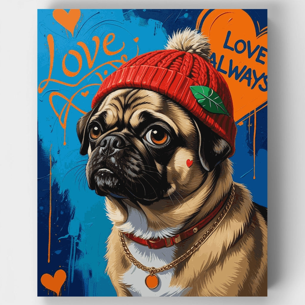 Kit de pintura por números: Pug con gorro rojo "Love Always" — Estándar