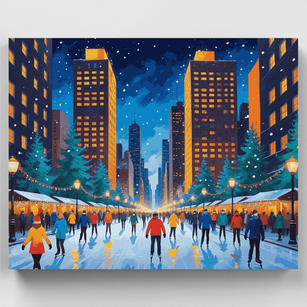 Escena de patinaje sobre hielo en la ciudad invernal - Kit de pintura por números — Estándar