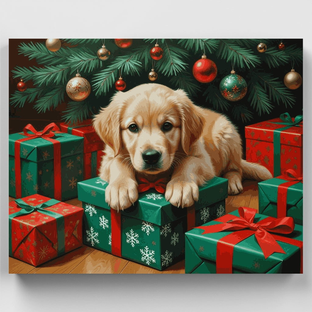 Kit de pintura por números - Navidad con cachorro Golden Retriever — Estándar