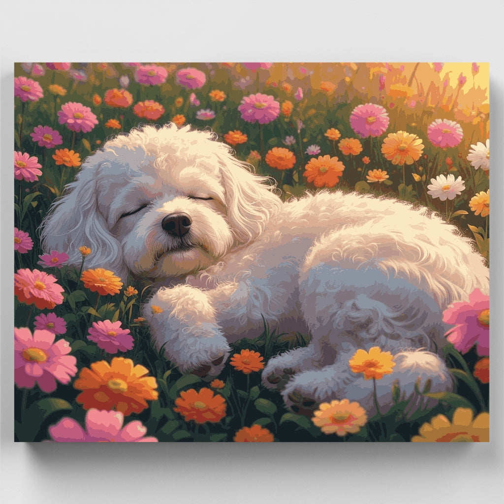 Bichon Frise Resting in Colorful Flower Garden - Paint by Numbers Kit