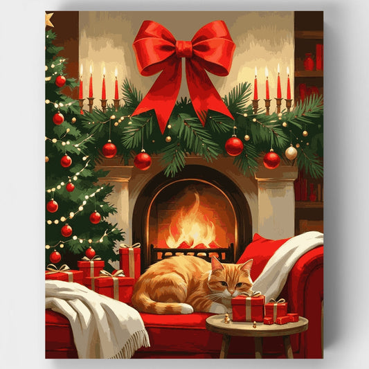 Cozy Christmas Cat by the Fireplace - Paint by Numbers Kit