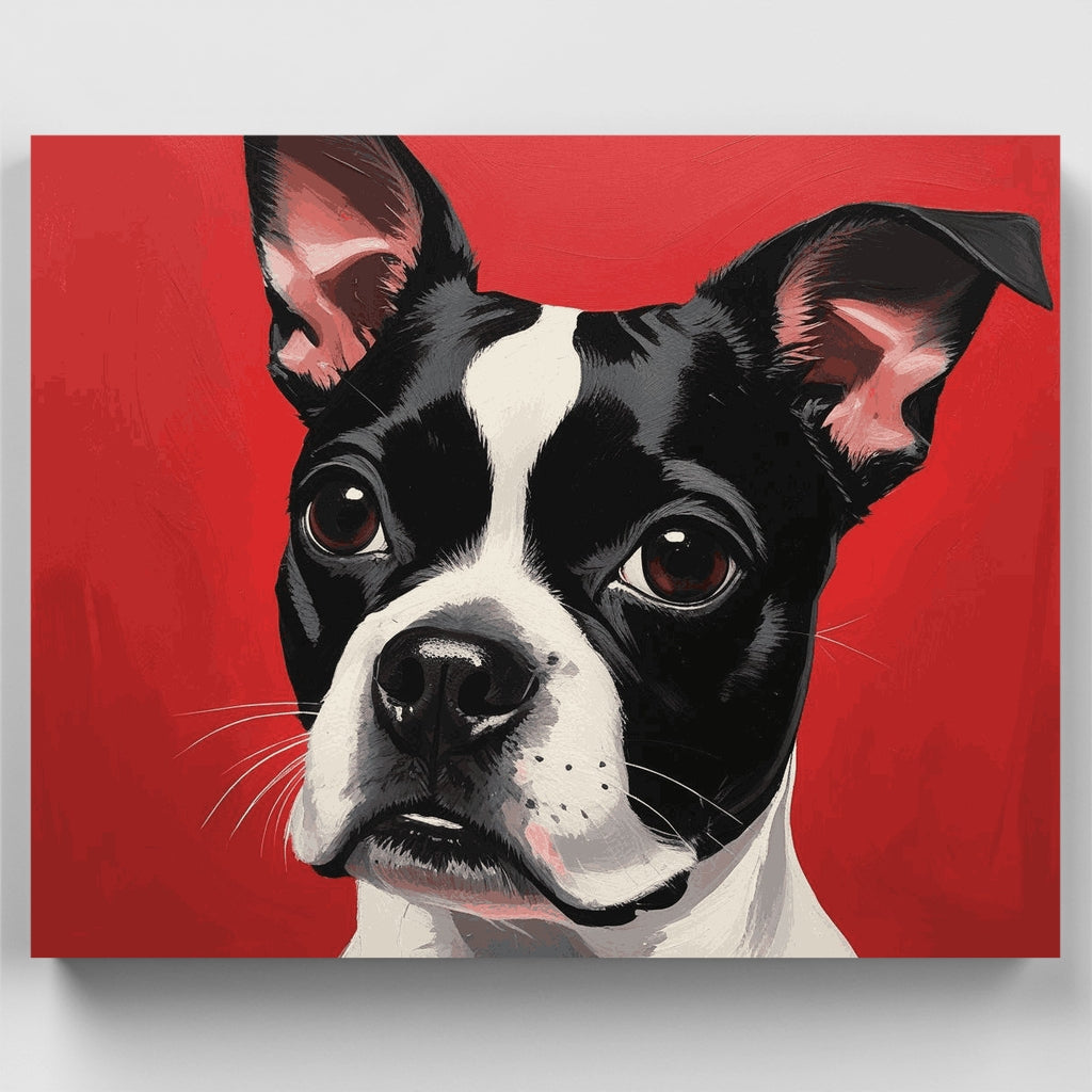 Kit de pintura por números: Boston Terrier sobre fondo rojo vibrante — Estándar