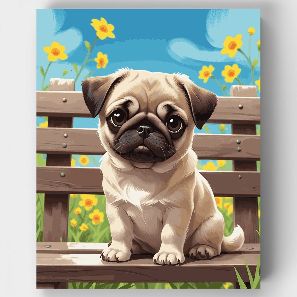 Cachorro de pug adorable en un banco - Kit de pintura por números — Estándar
