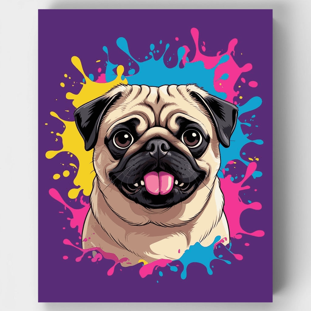 Pug feliz con salpicaduras de pintura colorida - Kit de pintura por números — Estándar