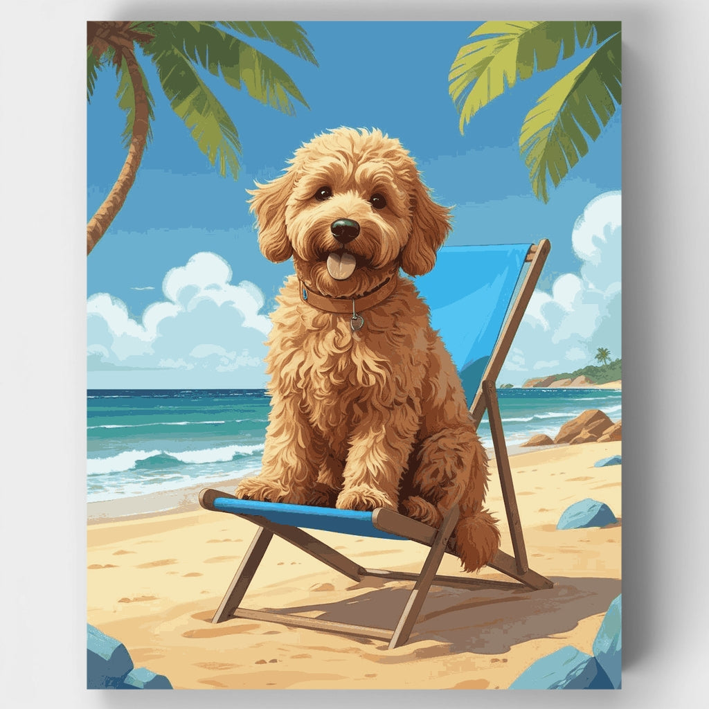 Vacaciones en la playa con Goldendoodle: Kit de pintura por números — Estándar