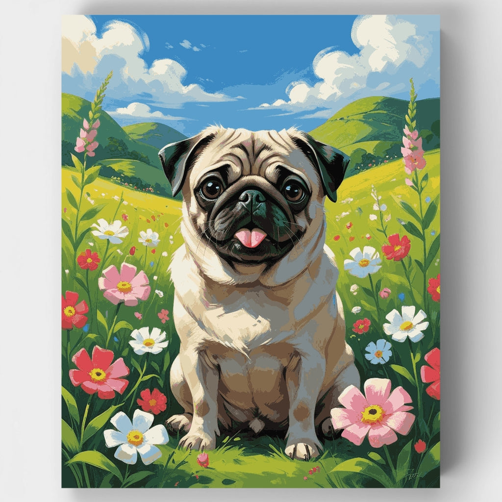 Pug feliz en un prado de flores - Kit de pintura por números — Estándar