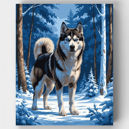 Siberian Husky in Snowy Forest - Paint by Numbers Kit