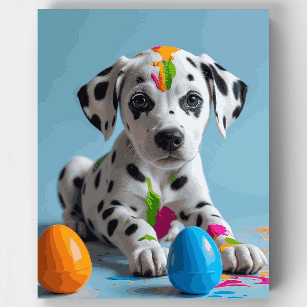 Playful Dalmatian Puppy with Paint Splashes - Paint by Numbers Kit
